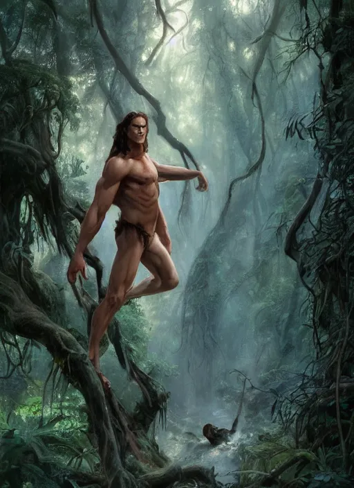 Image similar to A beautiful digital painting of tarzan in the mirkwood forrest looking at the camera by Stanley Artgerm Lau, frank frazetta, Rossdraws, James Jean, gerald brom, Andrei Riabovitchev, Marc Simonetti, and Sakimichan, trending on artstation