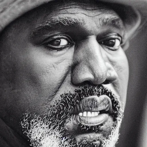 Image similar to the face of old kanye west at 6 6 years old, portrait by julia cameron, chiaroscuro lighting, shallow depth of field, 8 0 mm, f 1. 8