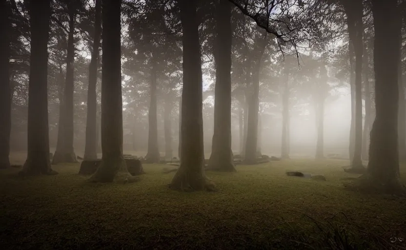 Image similar to incredible wide shot of the interior of a neolithic temple in the forest, dusk, light fog