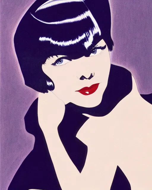 Prompt: colleen moore 2 5 years old, bob haircut, portrait painted by patrick nagel, painted by stanley artgerm, dramatic lighting