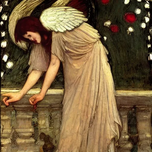 Image similar to An angel losing their wings calmly in the style of John William Waterhouse