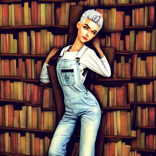 Image similar to full body pose, beautiful adult book fairy, pixar, short white hair shaved sides, dirty, grungy, grunge, long sleeve, painted overalls, stacks of giant books, highly detailed, 4 k, hdr, smooth, sharp focus, high resolution, award - winning photo, artgerm, photorealistic