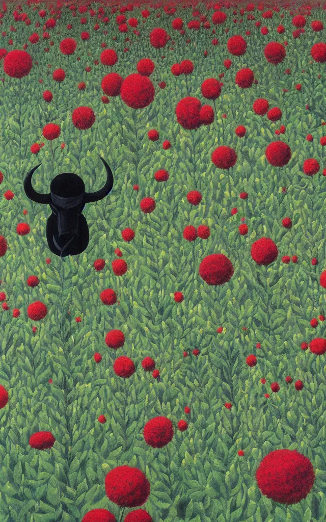 Image similar to black satan looking at you at distance in beautiful meadow of flowers, detailed painting by rene magritte