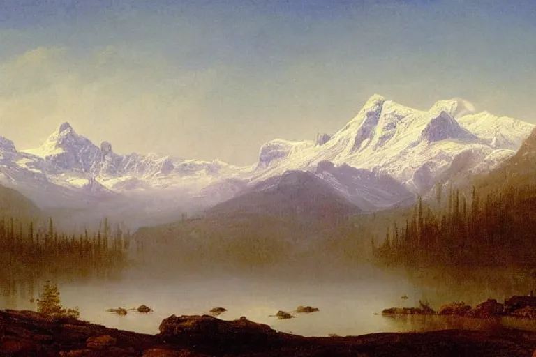 Prompt: an epic landscape painting of the three sisters mountains in canada, with snow on its peak, at sunrise in springtime, with the bow river in the foreground, painted by x, atmospheric, volumetric lighting, rolling fog, breathtaking, highly detailed, painted by albert bierstadt