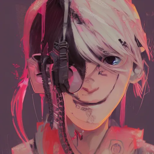 Prompt: highly detailed portrait of a grunge young lady by Akihiko Yoshida, Greg Tocchini, 4k resolution, ((final fantasy)) inspired, vibrant pink, yelow, brown, white, cyan and black color scheme with graffiti