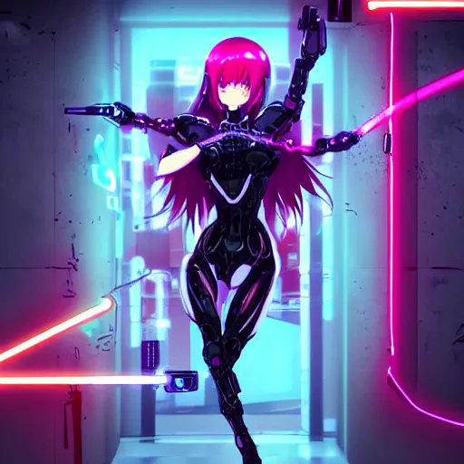 Image similar to digital anime in the style of arcane a cyborg - girl hacking into reality, black red long hair!, biomechanical details, neon background lighting, full body, medium sensor, 8 0 mm, reflections, wlop, ilya kuvshinov, artgerm