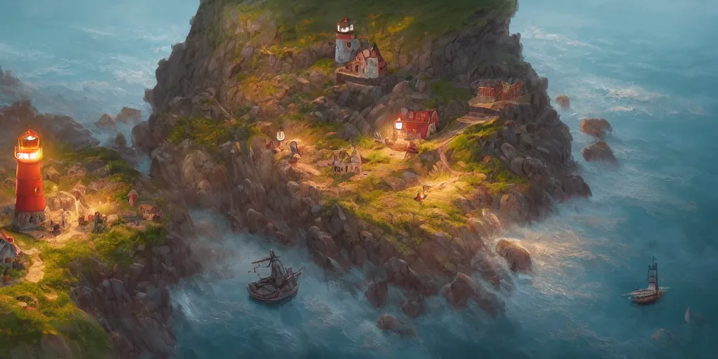 Image similar to Cozy small fantasy village on a cape with a lighthouse, fishing boats, view from above. In style of Greg Rutkowski, Jesper Ejsing, Makoto Shinkai, trending on ArtStation, fantasy, great composition, concept art, highly detailed, scenery, 8K, Behance.