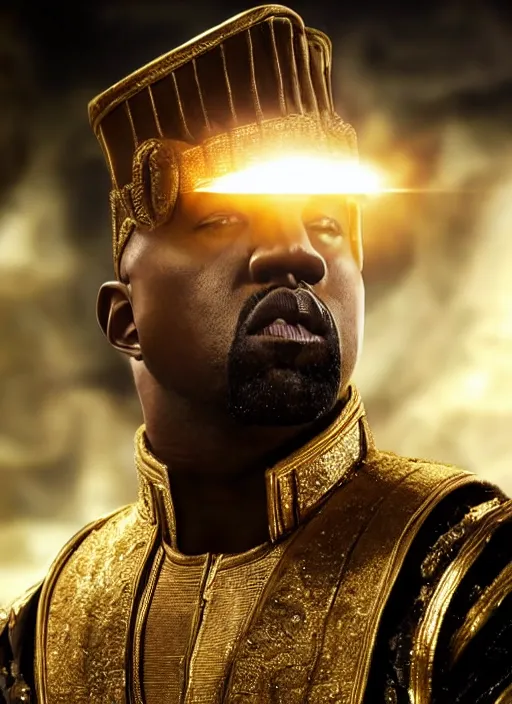 Image similar to kanye west as emperor napoleon in mortal kombat, splash art, movie still, cinematic lighting, dramatic, octane render, long lens, shallow depth of field, bokeh, anamorphic lens flare, 8 k, hyper detailed, 3 5 mm film grain