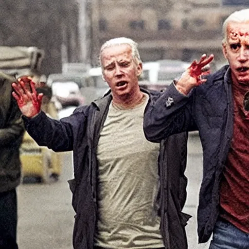 Prompt: a still shot from the movie 28 days later, with infected Joe Biden and Ethan Van Sciver zombies