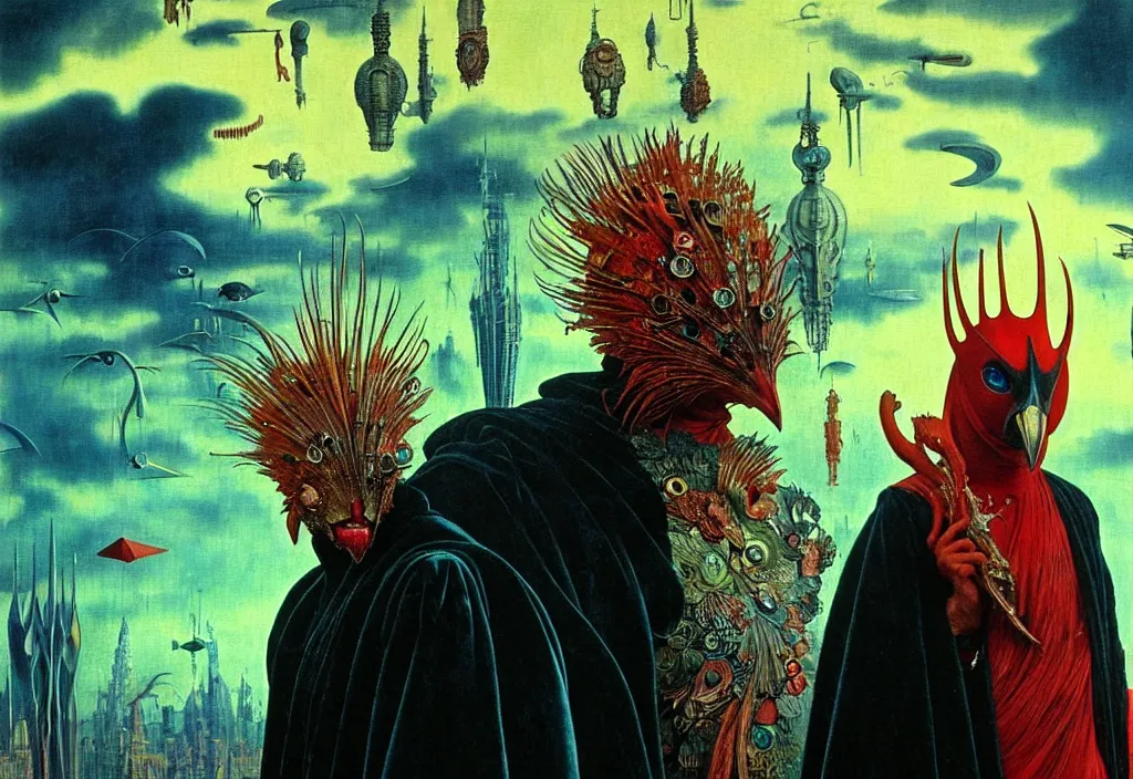 Prompt: realistic detailed portrait movie shot of a birdman wearing black robes, sci fi city landscape background by denis villeneuve, amano, yves tanguy, alphonse mucha, ernst haeckel, max ernst, roger dean, masterpiece, rich moody colours, snarling dog teeth, blue eyes