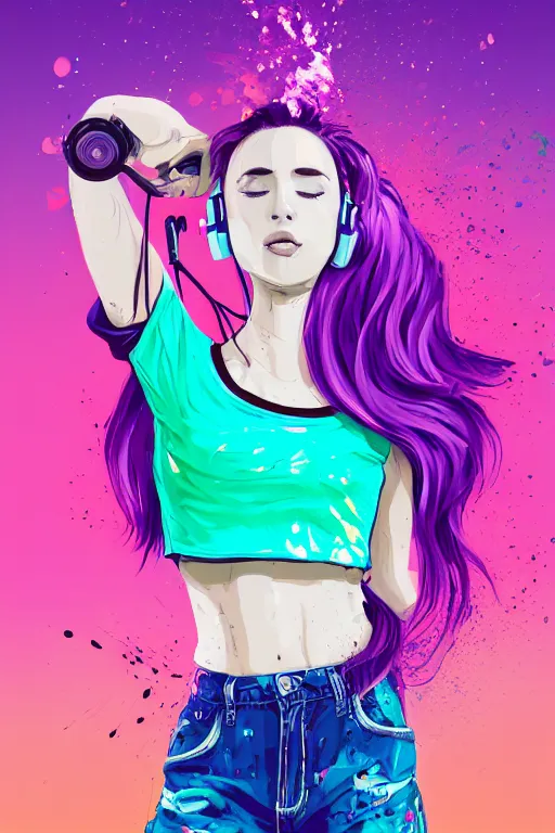 Image similar to a award winning half body portrait of a beautiful woman in a croptop and cargo pants with ombre purple pink teal hairstyle with head in motion and hair flying listenin to music on headphones by wlop, paint splashes and splatter, outrun, vaporware, shaded flat illustration, digital art, trending on artstation, highly detailed, fine detail, intricate