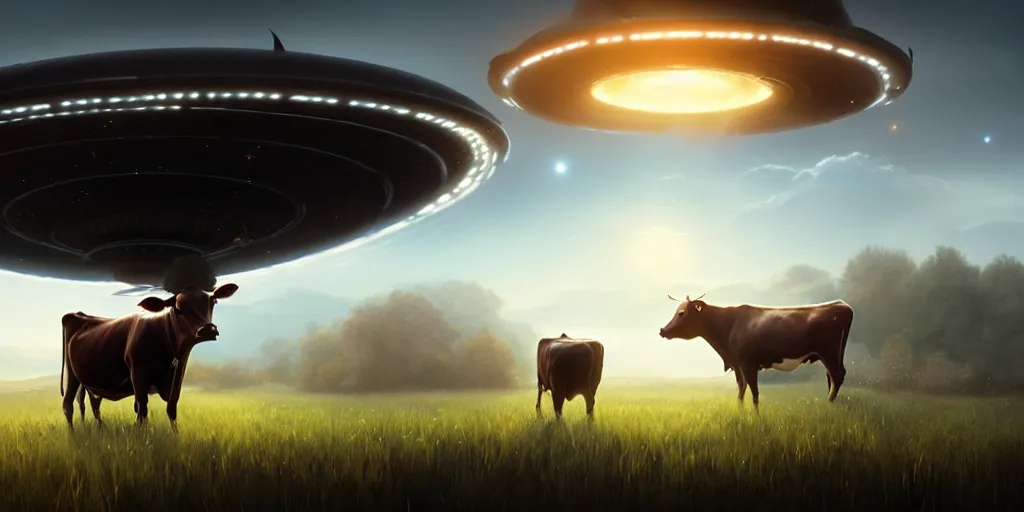 Prompt: a beautiful ufo abducting a cow from a field, digital art, landscape, fantasy art, octane render, unreal engine, high detail, very realistic, by greg rutkowski. by james gurney