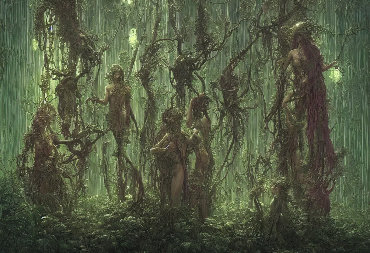 Image similar to humanoid figures made of plants having a seance in a beautiful bioluminescent forest, by daniel - by greg rutkowski and raymond swanland hr giger and zdzislaw beksinski and alphonse mucha and moebius, matte painting, hyperdetailed, symmetry, art nouveau, beautiful render, concept art