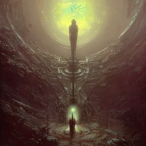 Image similar to lost and alone in a vast future sci - fi cyberpunk megastructure by gustave dore and gustave moreau and beksinski and giger and craig mullins and jeremy mann