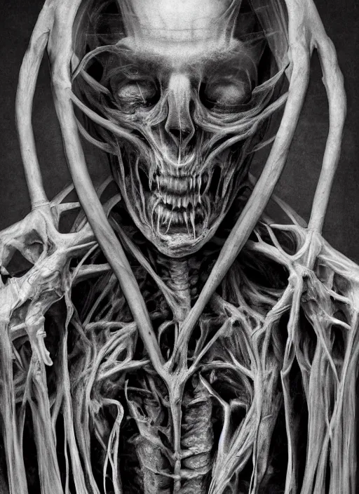 Image similar to Ghostemane with translucent skin, visible muscles and veins and arteries and bones and spines and nerves, beautiful detailed intricate insanely detailed octane render, 8k artistic photography, photorealistic, chiaroscuro, by David Cronenberg, Raphael, Caravaggio