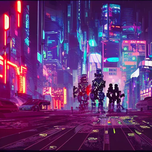 Image similar to a robot uprising rebellion in a cyberpunk city, futuristic, neon, intricate details