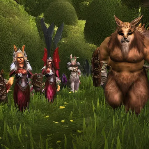 Prompt: A pack of world of warcraft feral druids roaming the british countryside