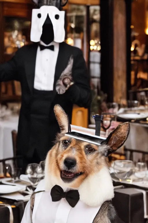 Image similar to a dog - headed waiter at the reception of a fancy restaurant