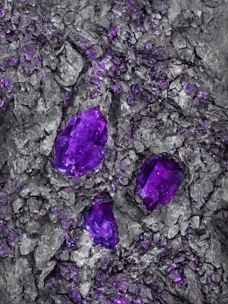 Prompt: big purple sapphire crystal gems embedded, worn decay texture, intricate concept art painting, fantasy, nature grotesque dark