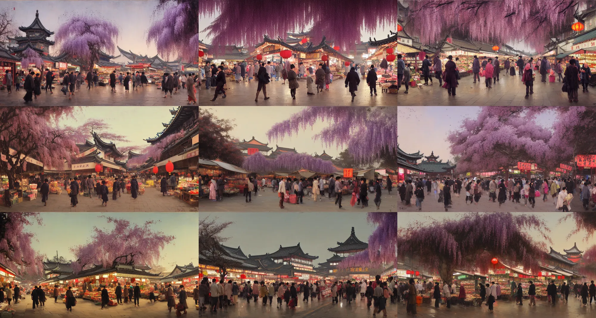Prompt: a chinese market at twilight, merchant stands, customers, busy, bustling, pedestrians, massive cherry trees and wisteria, by ruan jia and greg rutkowski and conrad roset