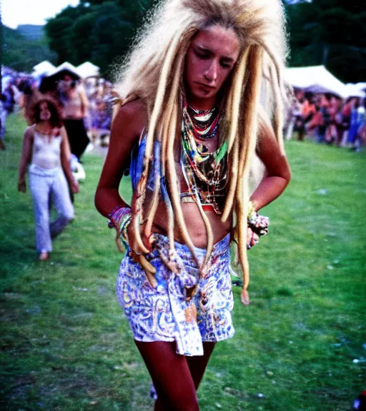 Image similar to portrait of a stunningly beautiful hippie woman with blonde dreadlocks walking in a music festival, by bruce davidson