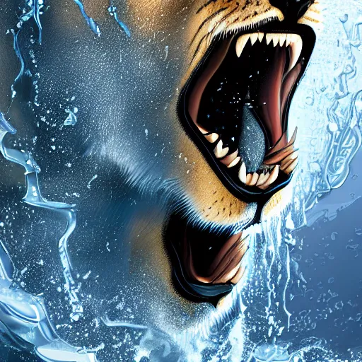 Image similar to a male lion's face breaching through a wall of water, headshot, water sprites, splashing, deep blue ocean, highly detailed, realistic digital art, trending on artstation