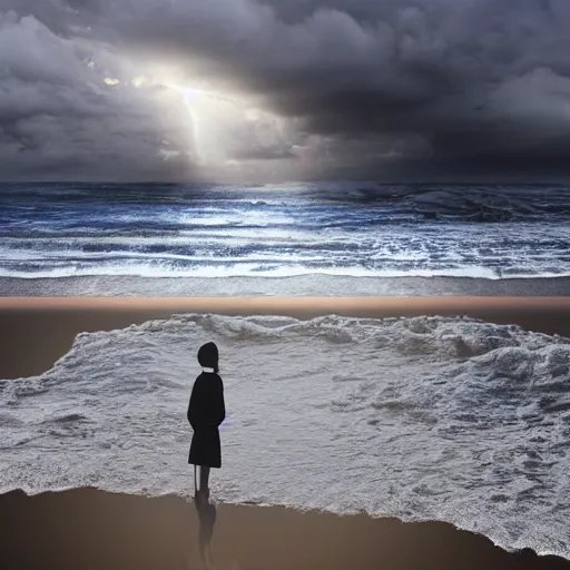 Image similar to a highly detailed vector render of a large cross standing on the beach as a storm comes in with the tide, woman sitting in the sand watching the ocean, epic fantasy, god rays, rocky beach, aerial photography, volumetric lighting, octane render, exquisite detail, 8 k, art by hayao miyazaki and albert bierstadt and alphonse mucha