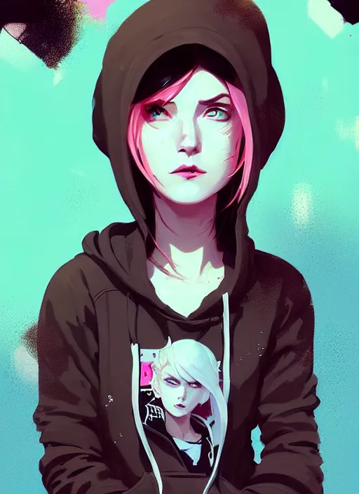 Image similar to highly detailed portrait of a urban punk lady student, blue eyes, hoodie, white hair by atey ghailan, by greg rutkowski, by greg tocchini, by james gilleard, by joe fenton, by kaethe butcher, gradient black, brown and pink color scheme, grunge aesthetic!!! ( ( graffiti tag wall background ) )