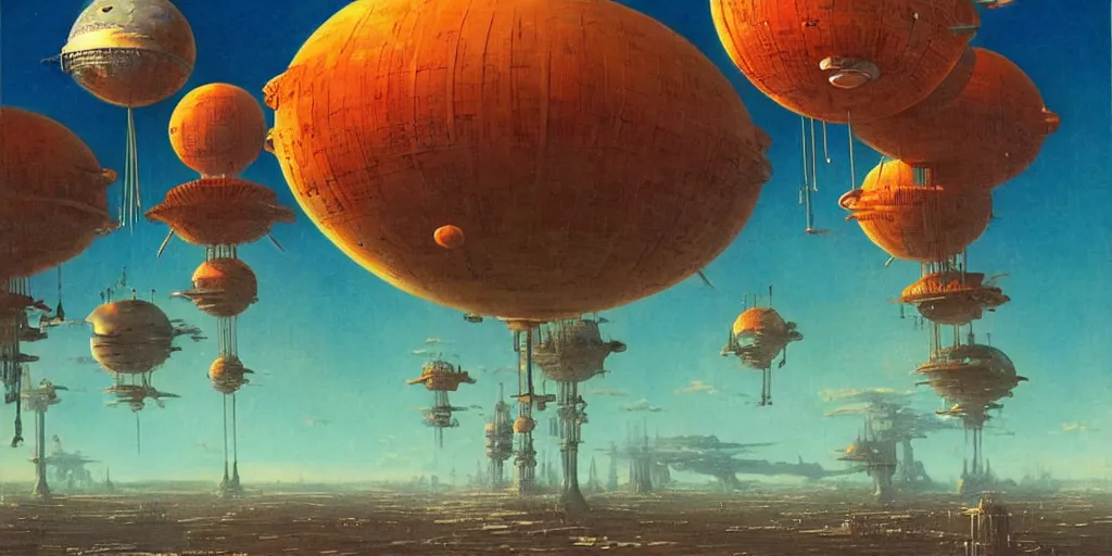 Prompt: landscape of an alien world, futuristic skywalks, giant steampunk airships float in the sky. by bruce pennington, by shaun tan. vibrant color