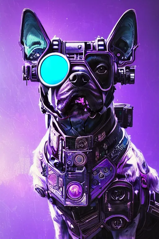 Image similar to a beautiful portrait of a cute cyberpunk dog by sandra chevrier and, greg rutkowski and wlop, purple blue color scheme, high key lighting, volumetric light, digital art, highly detailed, fine detail, intricate, ornate, complex, octane render, unreal engine, photorealistic