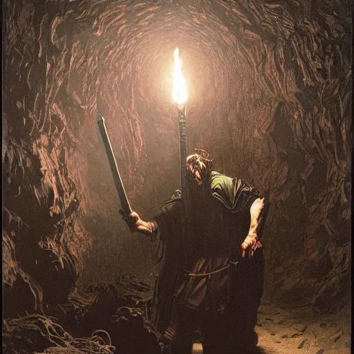 Prompt: an adventurer lights a torch in the depths of a dark dungeon, dramatic lighting, fluid, smooth, bright, colours, high contrast, sharpness, very detailed, intricate, by donato giancola, gustave dore and junji ito and caravaggio