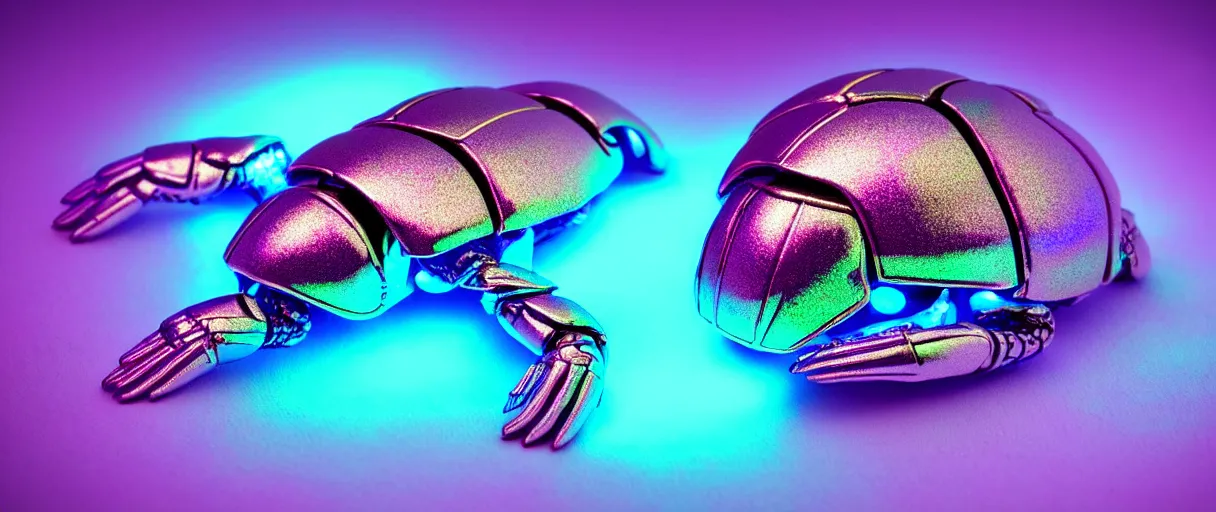 Image similar to high quality photo glowy iridescent cyborg scarab! jeweled very beautiful! highly detailed digital art david ligare elson peter cinematic purple neon lighting high quality low angle hd 8k sharp shallow depth of field