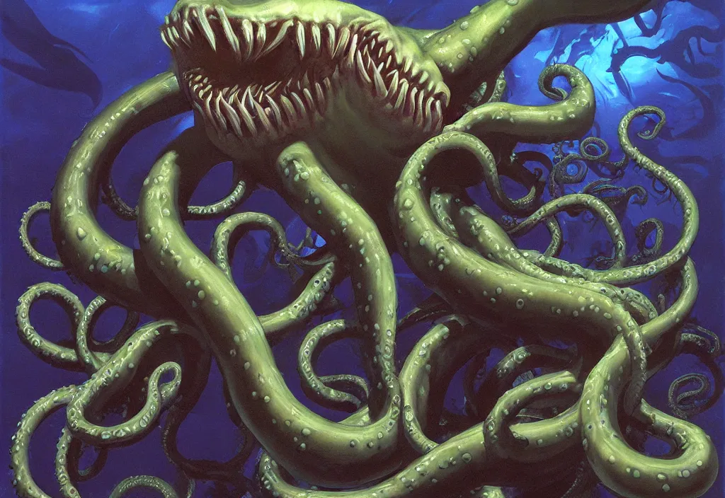 Image similar to Underwater Tentacle Pandomonium;Art by Greg Manchess, Art Direction by Jeremy Jarvis; painting spiraling inward; Deep sea horror; teeth and eyes; illustration