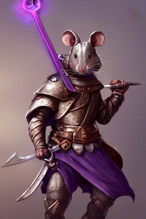 Image similar to armored mouse warrior holding a sword in one hand and reaching for a floating purple crystal with the other, trending on Artstation, rpg portrait, 8k, uhd