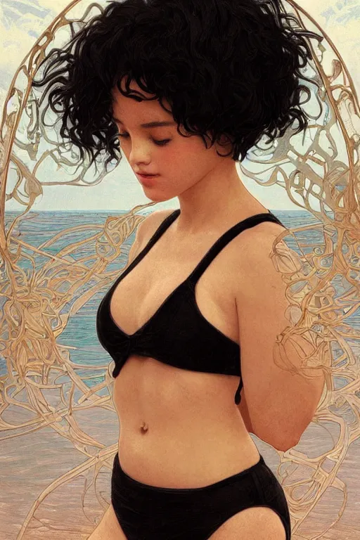 Image similar to beautiful cottagecore of a girl with short black curly hair, round face, cute face, wearing a bikini. Inside the water at a lake. intricate, elegant. highly detailed, digital painting, artstation, concept art, smooth, sharp, focus, illustration. art by artgerm and greg rutkowski alphonse mucha and Marat Safin