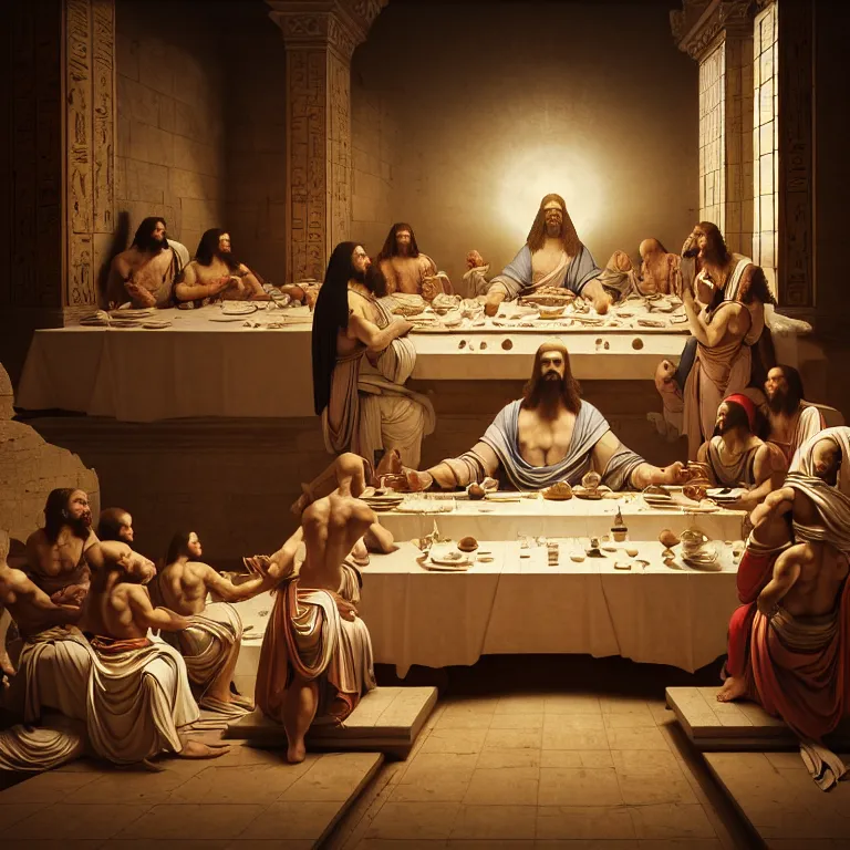 Prompt: The last supper in ancient egypt, dream-like atmosphere, symmetrical baroque painting, perfect composition, beautiful detailed intricate insanely detailed octane render trending on Artstation, 8K artistic photography, photorealistic, soft natural volumetric cinematic perfect light, chiaroscuro, award-winning photograph, masterpiece, Raphael, Caravaggio, Greg Rutkowski, Beeple