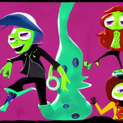 Image similar to psychic punk rocker electrifying rockstar with a giant vampiric squid for a head concept character designs of various shapes and sizes by genndy tartakovsky and splatoon by nintendo and the psychonauts franchise by doublefine tim shafer artists as well as the artist for the new hotel transylvania film