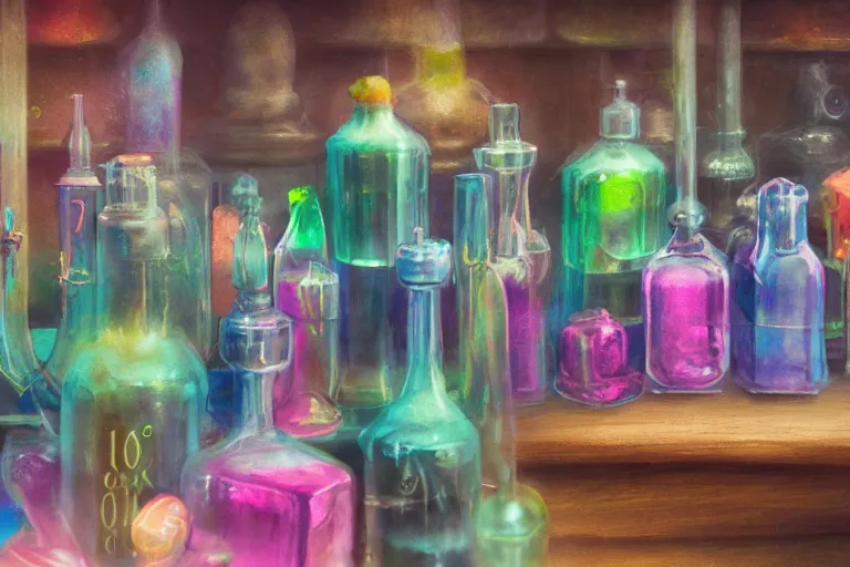 Prompt: Close-up of a potion's store, pastel painting, high fantasy, colorful, rgb, dark, beautiful, trending on artstation