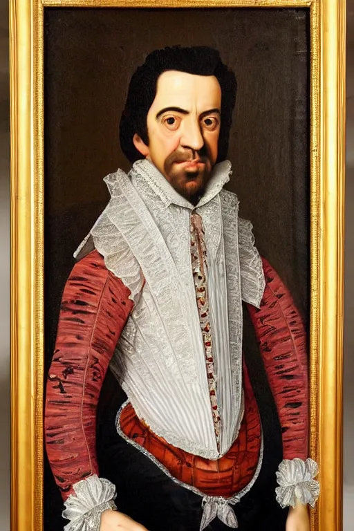 Prompt: a 1 6 0 0 s framed portrait painting of joe mantegna holding a large telephone, intricate, elegant, highly detailed