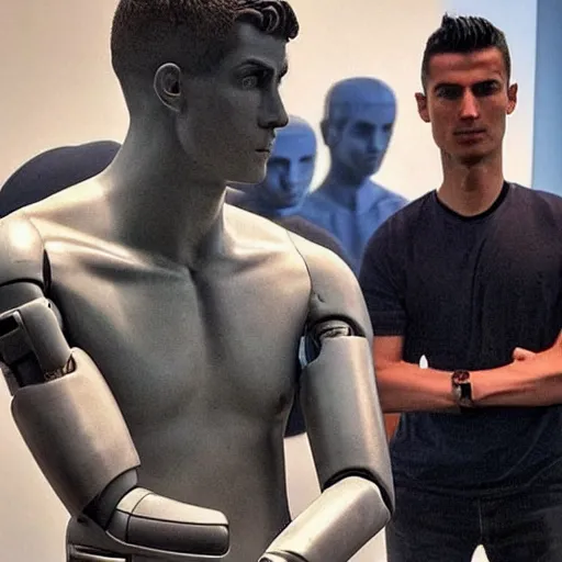 Image similar to “a realistic detailed photo of a guy who is an attractive humanoid who is half robot and half humanoid, who is a male android, Cristiano Ronaldo, shiny skin, posing like a statue, blank stare, press conference, on display”