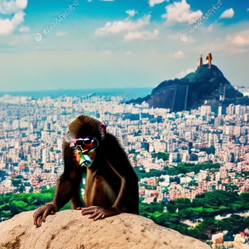 Image similar to high quality portrait of a monkey in front of Christ The Redeemer, studio photograph, photograph, realistic photo, 8k photo, 4k photo, stock photo, high resolution, cinematic shot, high detail