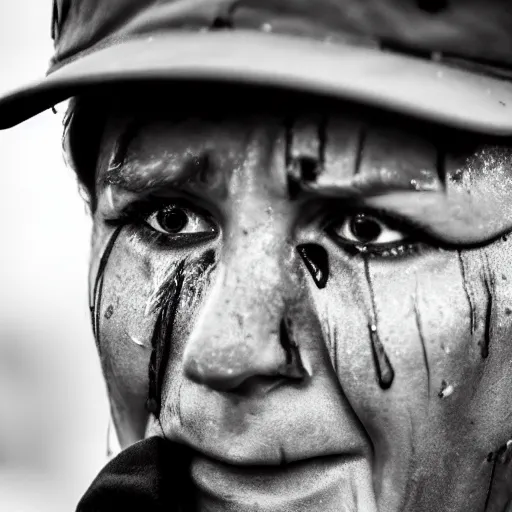 Image similar to close - up photo of a trump supporter crying, soaked in tears, mascara running down, bloodshot eyes, street photography, canon 2 0 0 mm lens f 2. 8