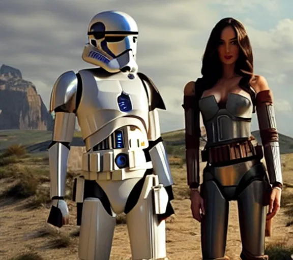 Prompt: Still of Megan Fox, with R2-D2, being briefed on the clone wars by a brunette clone trooper. Star Wars Universe, Cinematic Lighting, beautiful composition, beautiful face, beautiful eyes, 8K resolution