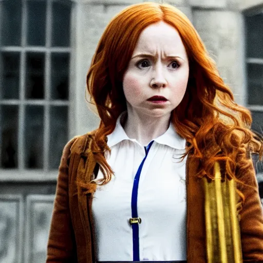 Image similar to A still of Karen Gillian starring as Hermione Granger in her Gryffindor uniform