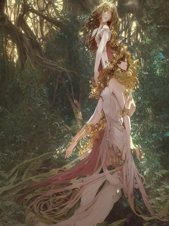 Image similar to anime key visual of leda with her back to the camera wearing a gown designed by monique lhuillier!! intricate, magical forest, stunning, highly detailed, digital painting, artstation, smooth, hard focus, illustration, art by artgerm and greg rutkowski and alphonse mucha