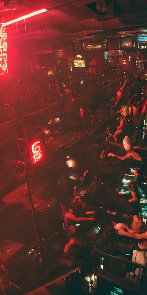 Image similar to epic highly detailed photo of gangs fight in cyberpunk night adult club, 3 5 mm, guns blasting, low angle, blade runner, akira, cinematic angle, cinematic lighting, reflections, action, battle