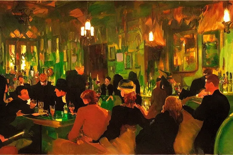 Image similar to glam rockers drinking wine, inside a green saloon with red lights by joaquin sorolla, greg rutkowski, bill sienckiwicz, extremely detailed