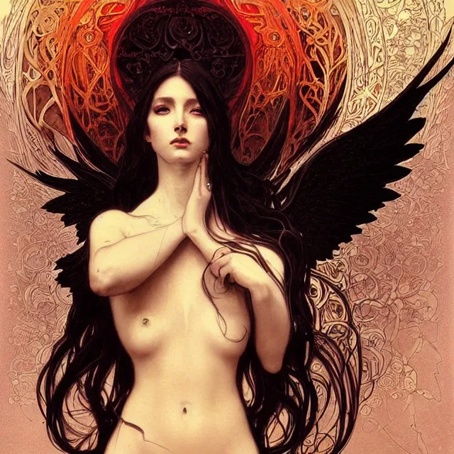 Image similar to A portrait of A beautiful! angel in black flames!! by Ross Tran!!! and alphonse mucha and greg rutkowski! and gustav doré! and Zdzisław Beksiński!,In style of digital art illustration.Symmetry.Highly detailed face.Fantasy,smooth,hyper detailed,sharp focus,Soft light.trending on artstation.