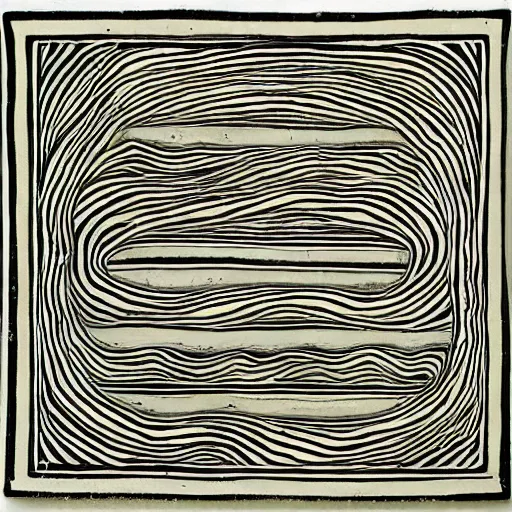 Image similar to umber by marjane satrapi angular. a river scene. the river is represented by a line winding through the center of the mixed mediart. the banks of the river are represented by two lines, one on each side.