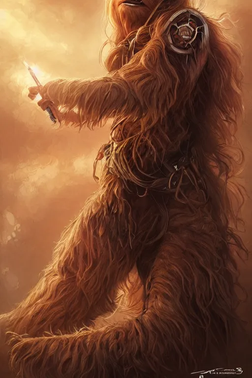 Image similar to female chewbacca as a heroine, intricate, elegant, highly detailed, centered, digital painting, artstation, concept art, smooth, sharp focus, illustration, art by artgerm and donato giancola and Joseph Christian Leyendecker, Ross Tran, WLOP